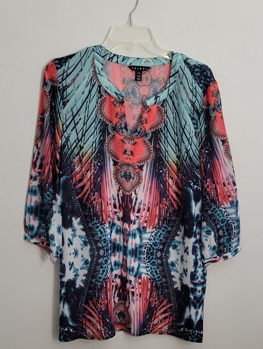 Tribal Vibrant Coral & Teal Tribal-Print Tunic Top